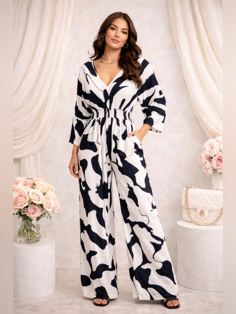 Women's Black & White Printed Wide-Leg Jumpsuit